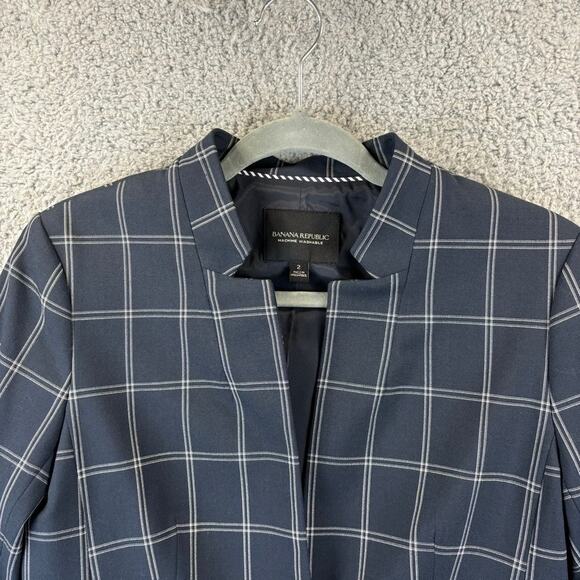 Banana Republic Blazer Womens 2 Navy Academia Preppy Business Plaid Windowpane - Picture 3 of 12